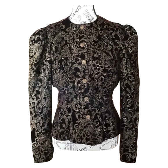Elegant Black Brocade Jacket With Golden Details And Puffed Sleeves - Picture 4 of 4